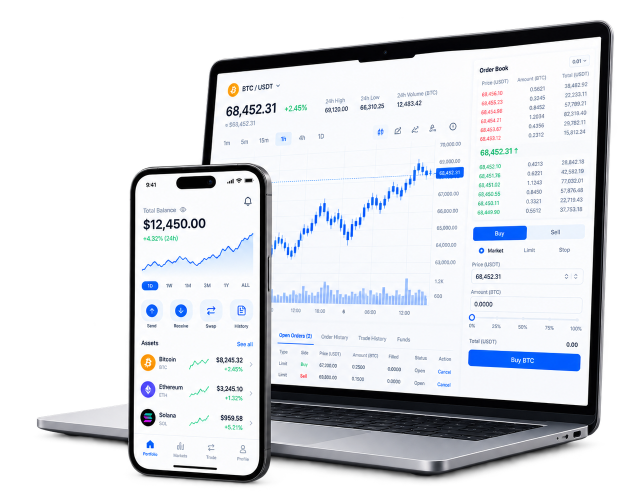 Dashboard da Kryptobit em um notebook e aplicativo da Kryptobit em um smartphone